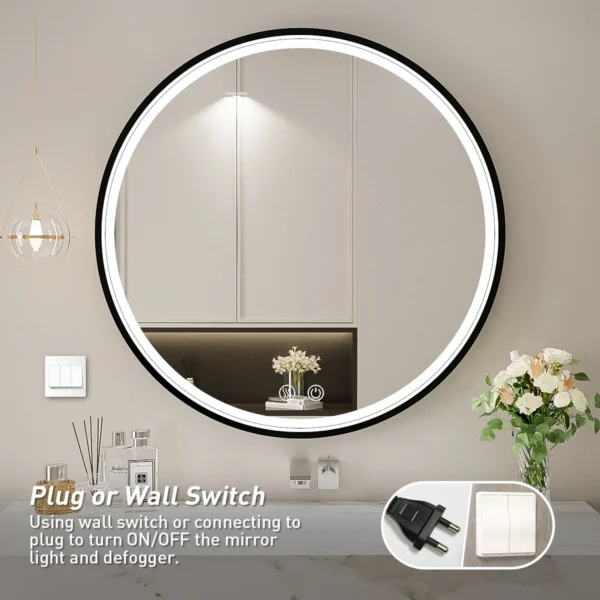 FTOTI 24 Inch Round LED Bathroom Mirror, Bathroom Vanity Mirror Black Metal Frame LED Lighted Mirror, Wall Mounted Circle with Lights, Anti-Fog & Dimmable Touch Switch, Waterproof IP54,90+ CRI - Image 2