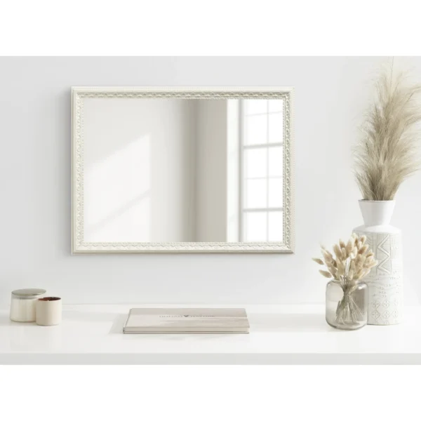 Kate and Laurel Johann Traditional Rectangle Wall Mirror, 18 x 24, Soft White, Vintage Ornate Bathroom Vanity Mirror with Embossed Frame and Light Textured Finish