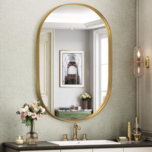 Scifil Gold Oval Mirror for Bathroom Vanity 20x30 Inch, Metal Framed Bathroom Wall Vanity Mirror, Modern Pill Shaped Mirror for Bedroom Living Room Wall Decor Hang Vertical and Horizontal