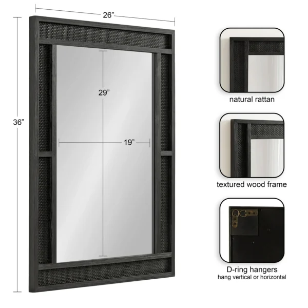 Kate and Laurel Corah Modern Rectangle Rattan Mirror, 26 x 36, Black, Decorative Wooden Wall Mirror with Authentic Rattan Frame for Bathroom Vanity Mirror - Image 3