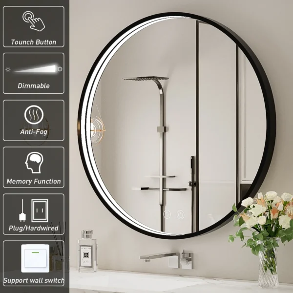 FTOTI 24 Inch Round LED Bathroom Mirror, Bathroom Vanity Mirror Black Metal Frame LED Lighted Mirror, Wall Mounted Circle with Lights, Anti-Fog & Dimmable Touch Switch, Waterproof IP54,90+ CRI - Image 4