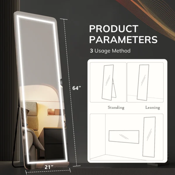 Full Length Mirror with Lights, 64"x21" LED Full Body Mirror, Free Standing Lighted Floor Mirror, 3 Color Lighting, White - Image 6