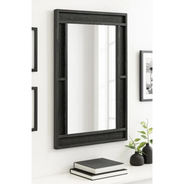 Kate and Laurel Corah Modern Rectangle Rattan Mirror, 26 x 36, Black, Decorative Wooden Wall Mirror with Authentic Rattan Frame for Bathroom Vanity Mirror - Image 2