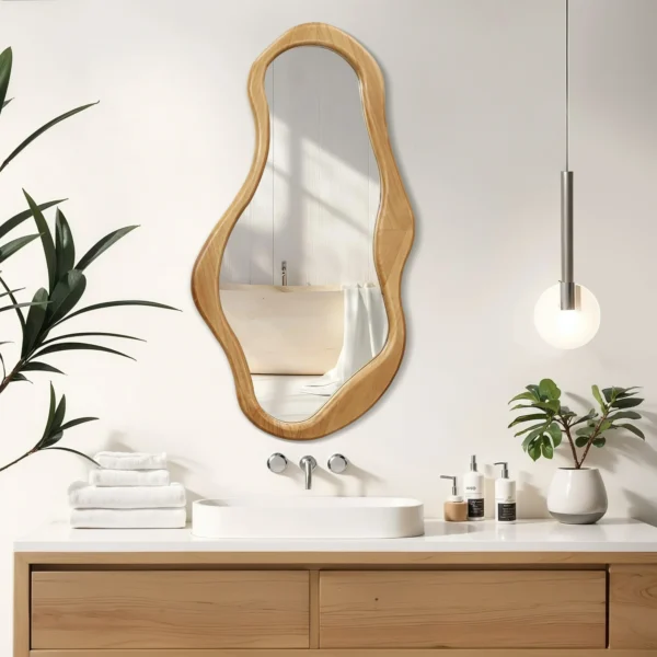 LuxenHome Natural Pine Wood Frame Irregular Oval Wall Mirror Decor Wall Mounted Accent Vanity Mirror