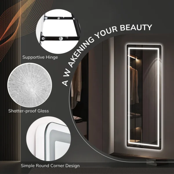 Full Length Mirror with Lights, 64"x21" LED Full Body Mirror, Free Standing Lighted Floor Mirror, 3 Color Lighting, White - Image 3