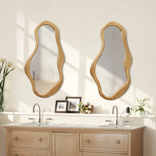 LuxenHome Natural Pine Wood Frame Irregular Oval Wall Mirror Decor Wall Mounted Accent Vanity Mirror - Image 2