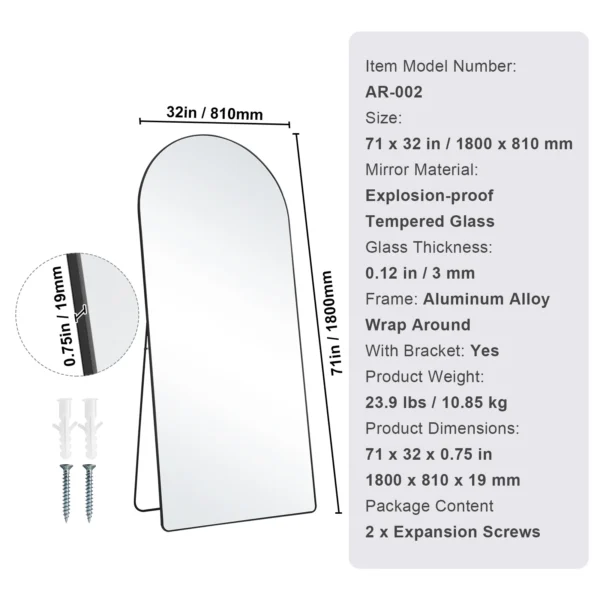 KFFKFF Arched Full Length Mirror 71'' x 32'' Full Body Mirror Standing Hanging - Image 2