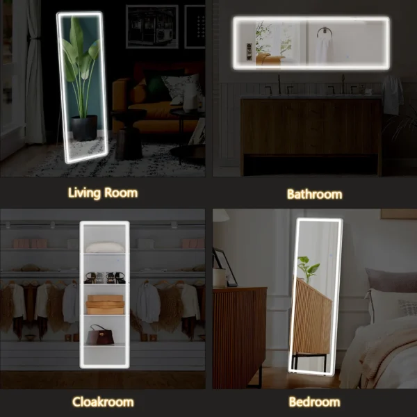 TINKLE WELL 64" x 21" LED Rectangular Full Length Standing Floor Mirror with Safe Corners for Bedroom, White - Image 2