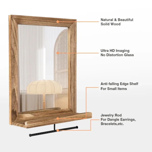 Sfugno Wall Mirror with Shelf and Metal hanging rod, 20 x 16 inch Wall Mirror Hanging for Bathroom, Vanity, Bedroom, Entryway, Living Room(Rustic Brown) - Image 2