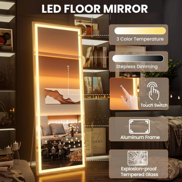Swafrrt 57"x18" Rectangle LED Full Length Mirror, Black Frame Lighted Floor Standing Mirror with Dimmable & 3 Color Lighting for Bedroom Cloakroom - Image 4