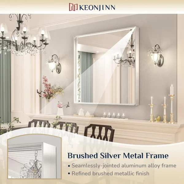 Keonjinn Brushed Nickel Mirror for Bathroom 36” x 36” Silver Wall-Mounted Rectangle Vanity Mirror Metal Frame Modern Mirror(Horizontal/Vertical) - Image 3