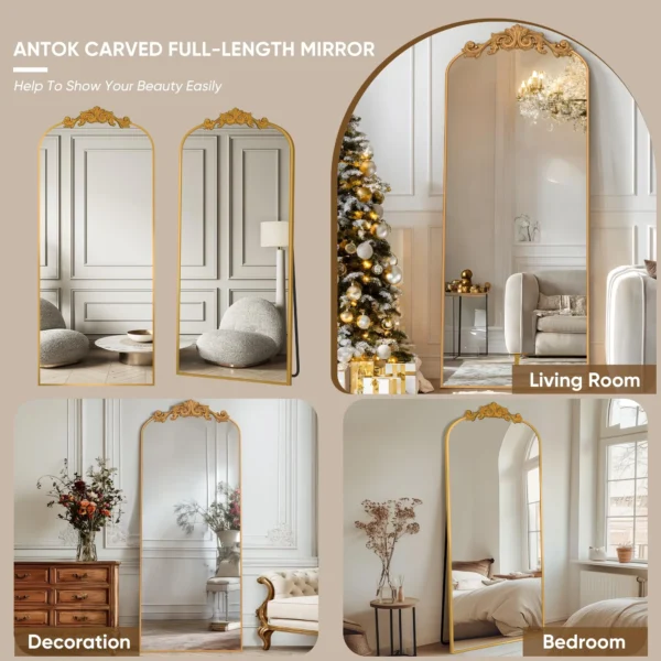 58"x18" Vintage Arched Full-Length Mirror with Carved Metal Frame, Baroque-Style Floor Mirror, Gold - Image 3
