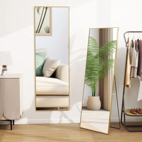 Full Length Mirror 59"x16" Rectangle Floor Mirror with Stand Wall Mounted Mirror for Full Body,Gold - Image 2