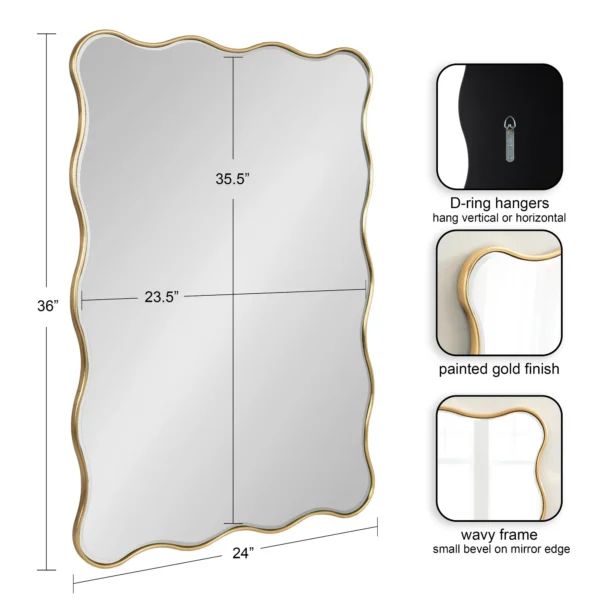 Kate and Laurel Viona Modern Scalloped Rectangle Mirror, 24 x 36, Gold, Decorative Wavy Mirror with Unique Rippled Edge and a Glamorous Gold Finish - Image 2