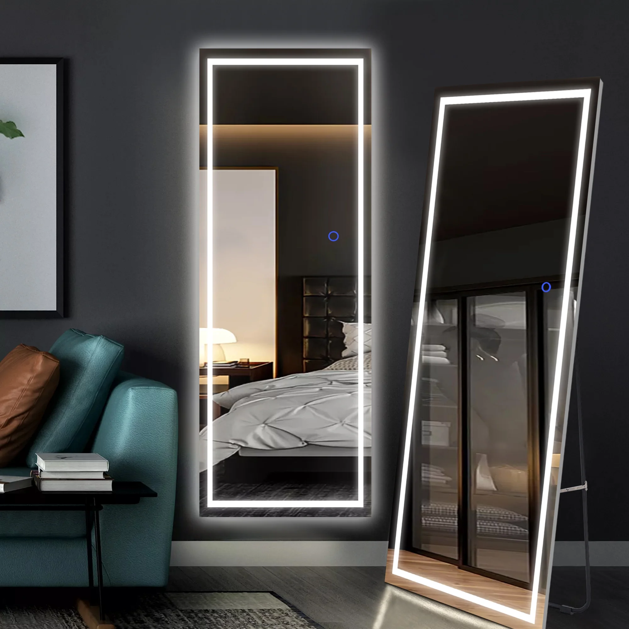 63"x16" LED Full Length Mirror Right Angle Wall Mounted LED Mirror,Sliver