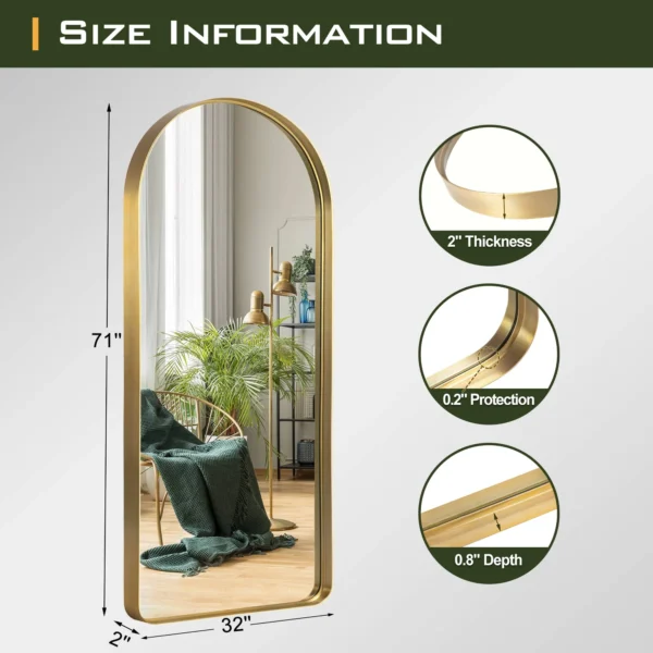MAYEERTY 71" × 32" Arched Full Length Mirror Aluminium Alloy Floor Mirror, Gold - Image 2