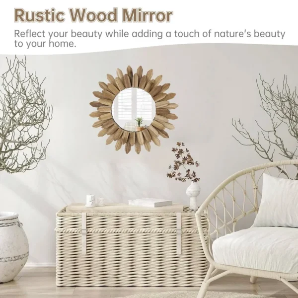 Wall Mirror, Wood Sunburst Framed Mirror, Boho Wall Decor Mirror, Rustic Wood Farmhouse Mirror, Round Boho Circle Mirror for Entryway Bedroom Living Room