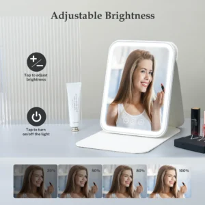 Foldable Table Makeup Mirror, Rechargeable Portable Mirror with 50 LED lights, Square Desk Lighted Vanity Mirror for Travel, Dorm, Women Girls' Gift, Battery & USB Charging, 6.9X9 Inch, White