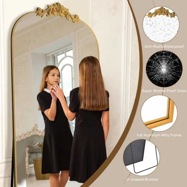 58"x18" Vintage Arched Full-Length Mirror with Carved Metal Frame, Baroque-Style Floor Mirror, Gold - Image 2