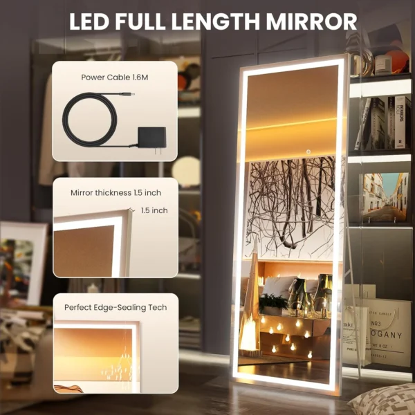 Swafrrt 57"x18" Rectangle LED Full Length Mirror, Black Frame Lighted Floor Standing Mirror with Dimmable & 3 Color Lighting for Bedroom Cloakroom - Image 2