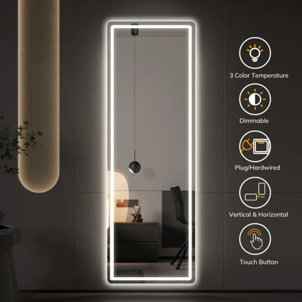 Full Length Mirror with Lights, 64"x21" LED Full Body Mirror, Free Standing Lighted Floor Mirror, 3 Color Lighting, White - Image 7