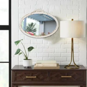 Sintosin Vintage Oval Bathroom Mirrors for Over Sink 24" x 18", Wall Hanging Antique Arendahl Mirrors for Bedroom, Horizontal Distressed White Farmhouse Wood Baroque Mirror for Living Room