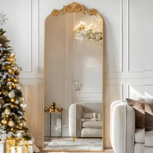 58"x18" Vintage Arched Full-Length Mirror with Carved Metal Frame, Baroque-Style Floor Mirror, Gold
