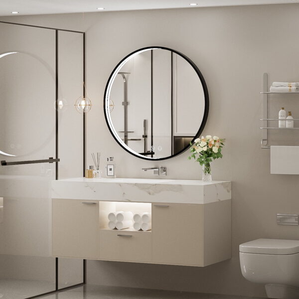 FTOTI 24 Inch Round LED Bathroom Mirror, Bathroom Vanity Mirror Black Metal Frame LED Lighted Mirror, Wall Mounted Circle with Lights, Anti-Fog & Dimmable Touch Switch, Waterproof IP54,90+ CRI