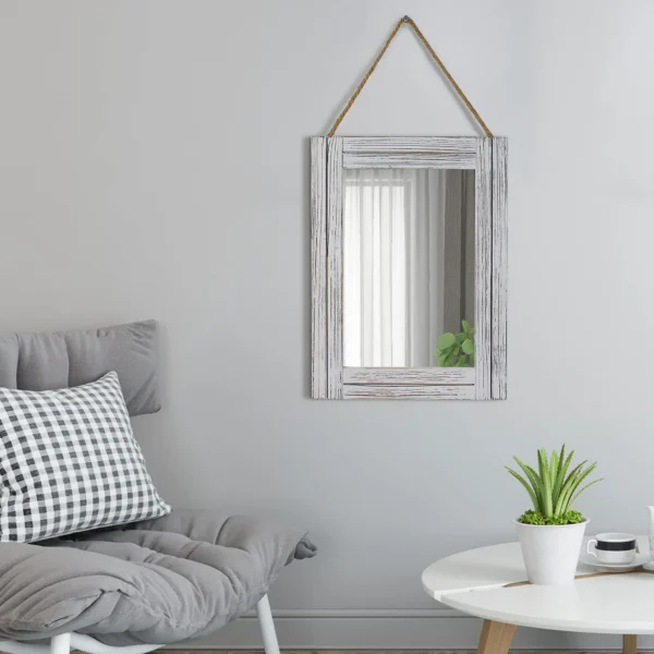 Arikago 12 x 16 in Wall Decorative Mirror, Rustic Wood Frame Rectangular Mirror with Hanging Rope for Entryway, Bedroom, Guest Bathroom, Living Room, Bedroom - Grey - Image 2