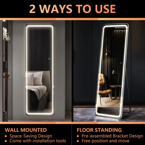 LVSOMT 63"x20" Full Length Mirror with LED Lights, Free Standing Full Body Mirror, Floor Mirror, Wall Mounted/Door Hanging Mirror for Bedroom, White - Image 4