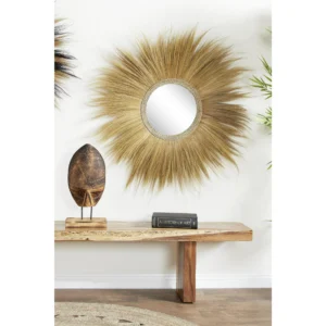 DecMode 45" x 45" Brown Tribal Inspired Sunburst Grass Wall Mirror with Coiled Rope Center