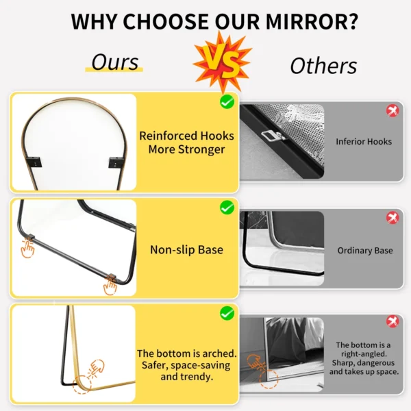 Arched Full Length Wall Mirror 64"x21" Full Body Mirror with Cleaning Cloth for Bedroom Door Decorative Makeup Aluminum Alloy Frame Floor Mirror Wall Mount Gold - Image 5