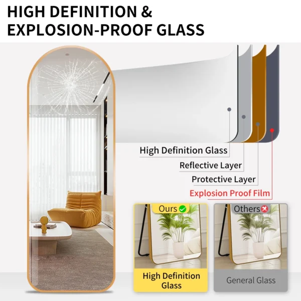 Arched Full Length Wall Mirror 64"x21" Full Body Mirror with Cleaning Cloth for Bedroom Door Decorative Makeup Aluminum Alloy Frame Floor Mirror Wall Mount Gold - Image 2