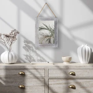 Arikago 12 x 16 in Wall Decorative Mirror, Rustic Wood Frame Rectangular Mirror with Hanging Rope for Entryway, Bedroom, Guest Bathroom, Living Room, Bedroom - Grey