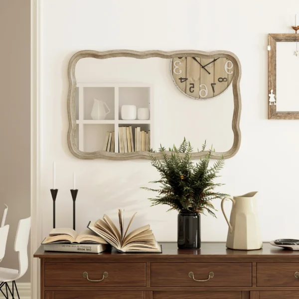 COZAYH Curved Wood Frame Accent Mirror, Farmhouse French Country Decorative Wall Mirror, Rectangle 23.5" L x 38" W, Natural - Image 2