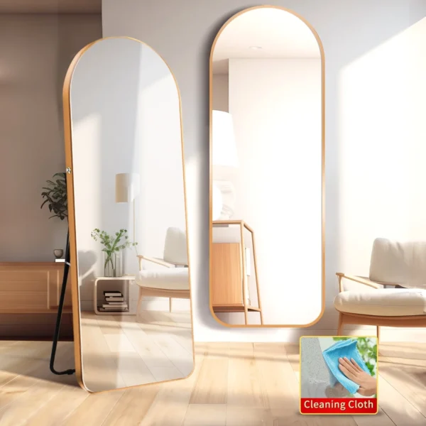 Arched Full Length Wall Mirror 64"x21" Full Body Mirror with Cleaning Cloth for Bedroom Door Decorative Makeup Aluminum Alloy Frame Floor Mirror Wall Mount Gold - Image 7