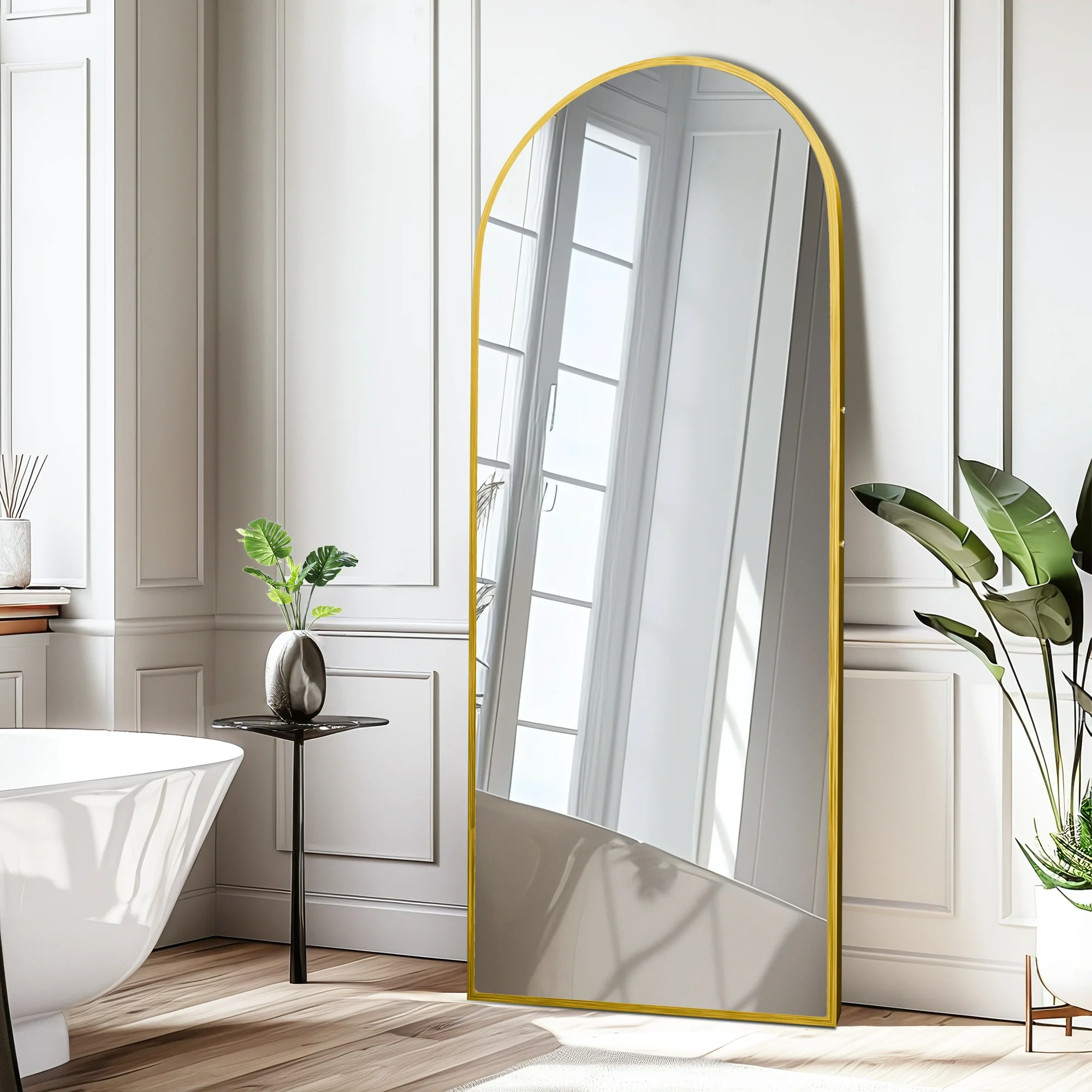 64"x21.25" Modern Arched Aluminum Alloy Frame Full Length Mirror Floor Mirror with Stand,Gold