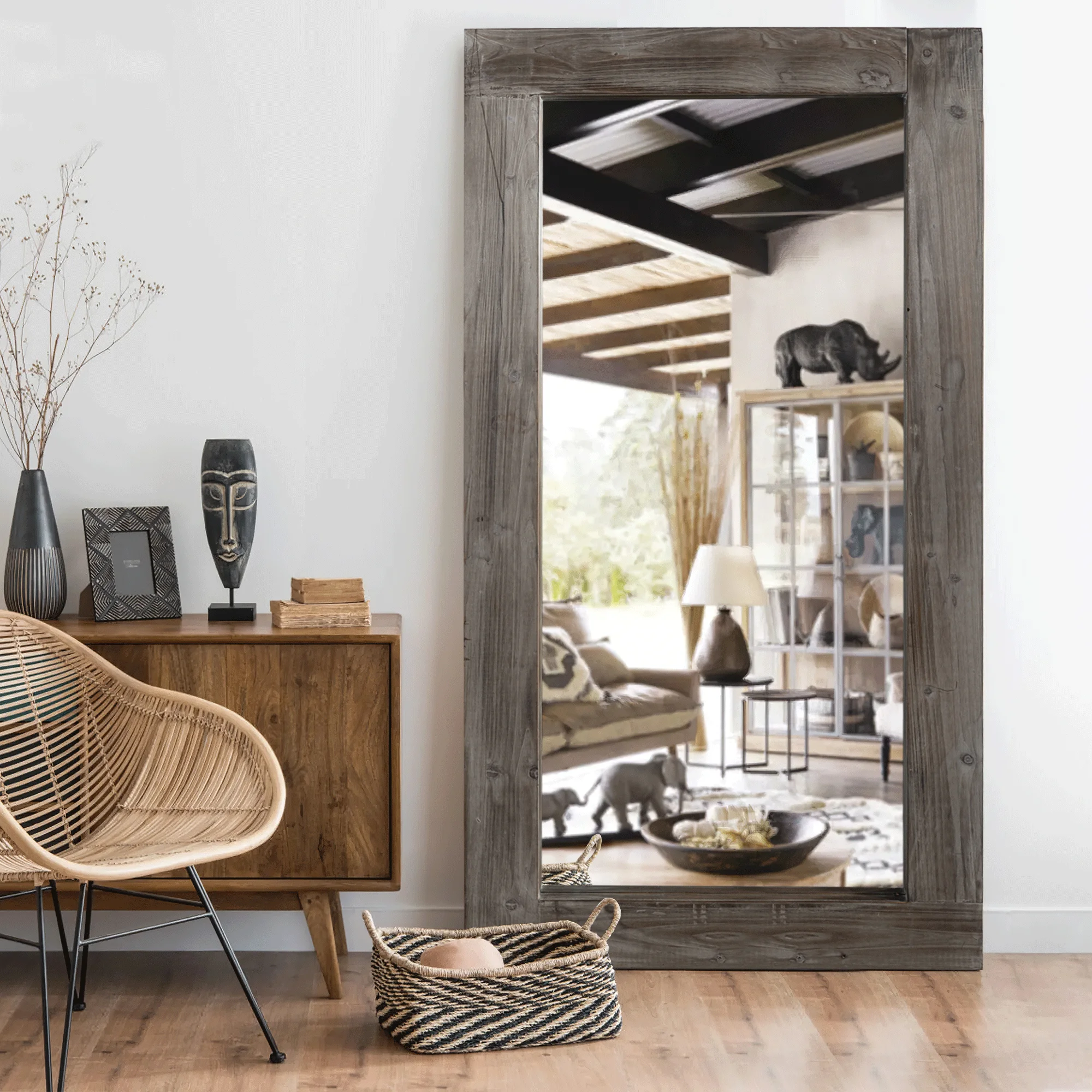 Modern Rectangle Solid Wood Wide Edge Full-length Mirror Body Mirror 71"x32" Charcoal Color