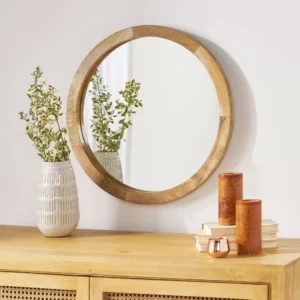 Noble House Koda Modern Round Mirror with Mango Wood Frame, Natural