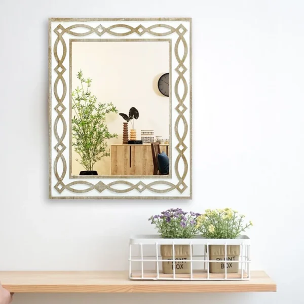 Parisloft 25.8" Tall Rectangle Carved Wood Wall Mirror, Farmhouse Mirror with Natural Wood Frame with Whitewashed Detail for Bathroom, Entry, Living Room
