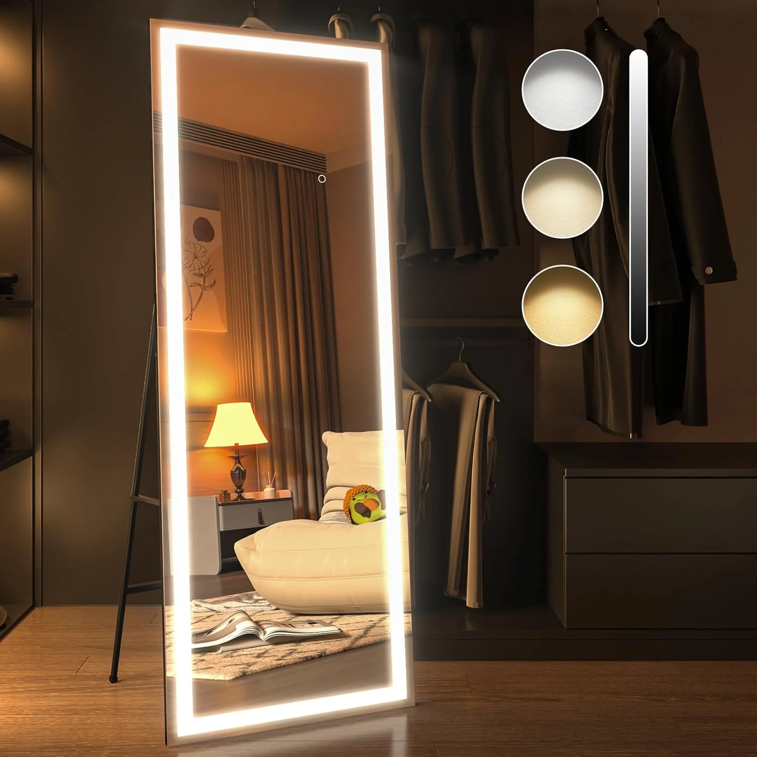 Swafrrt 57"x18" Rectangle LED Full Length Mirror, Black Frame Lighted Floor Standing Mirror with Dimmable & 3 Color Lighting for Bedroom Cloakroom