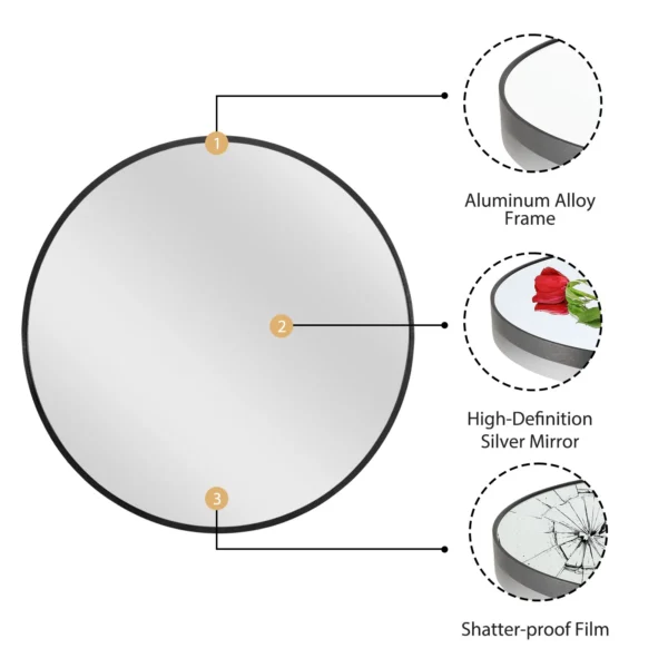 36" Home Decorative Aluminum Alloy Frame Round Wall Mounted Mirror,Black - Image 3