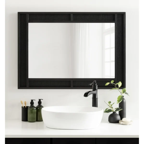 Kate and Laurel Corah Modern Rectangle Rattan Mirror, 26 x 36, Black, Decorative Wooden Wall Mirror with Authentic Rattan Frame for Bathroom Vanity Mirror