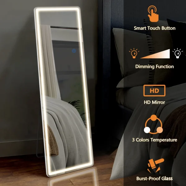 TINKLE WELL 64" x 21" LED Rectangular Full Length Standing Floor Mirror with Safe Corners for Bedroom, White - Image 4