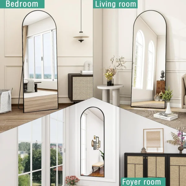 VLUSH 64"x21" Arched Full Length Mirror, Standing Floor Mirror Hanging or Leaning, Wall Mirror Aluminum Thin Frame for Bedroom (Black) - Image 3