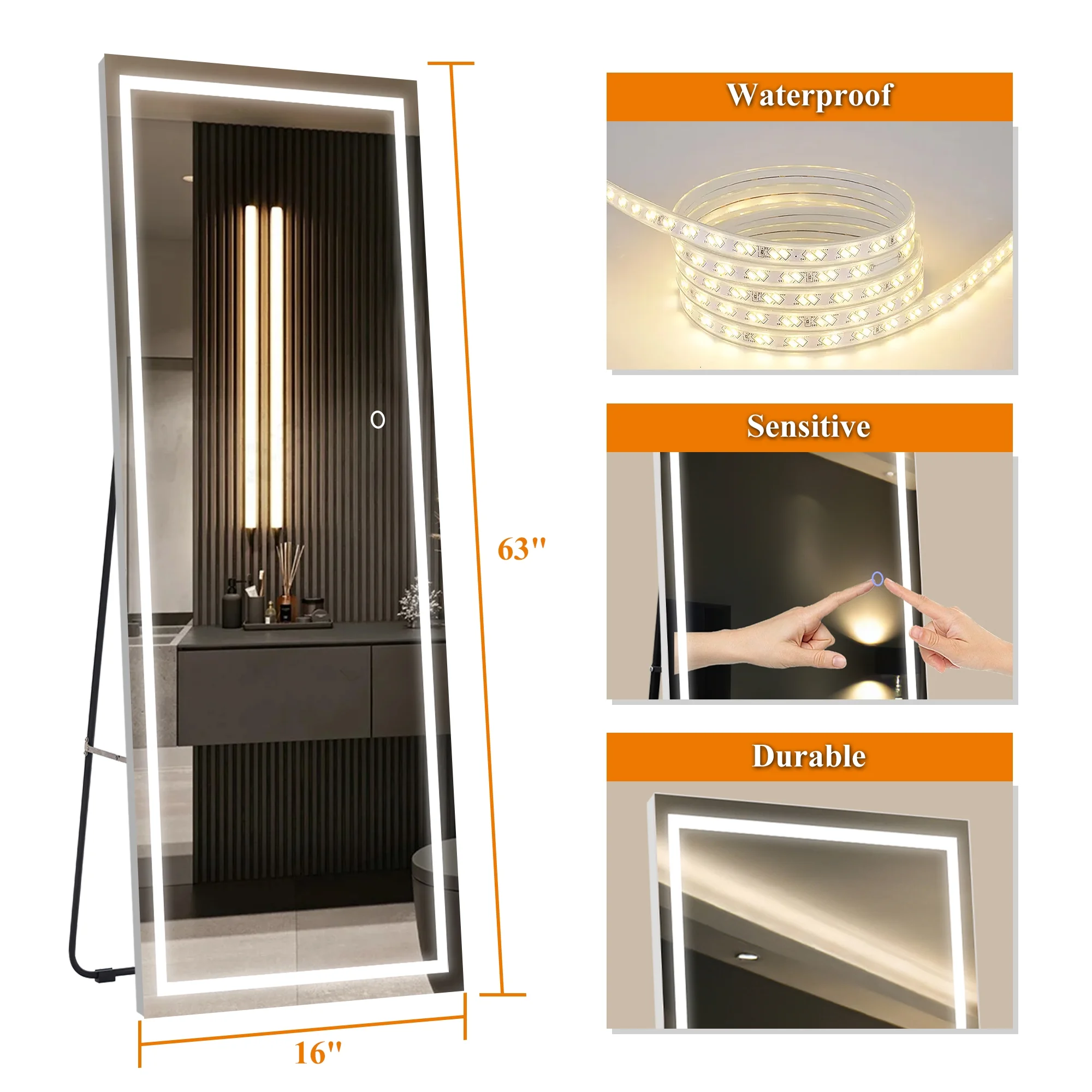 63"x16" LED Full Length Mirror Right Angle Wall Mounted LED Mirror,Sliver - Image 4