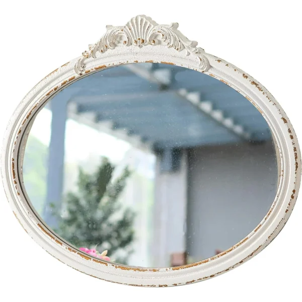 Sintosin Vintage Oval Bathroom Mirrors for Over Sink 24" x 18", Wall Hanging Antique Arendahl Mirrors for Bedroom, Horizontal Distressed White Farmhouse Wood Baroque Mirror for Living Room - Image 2
