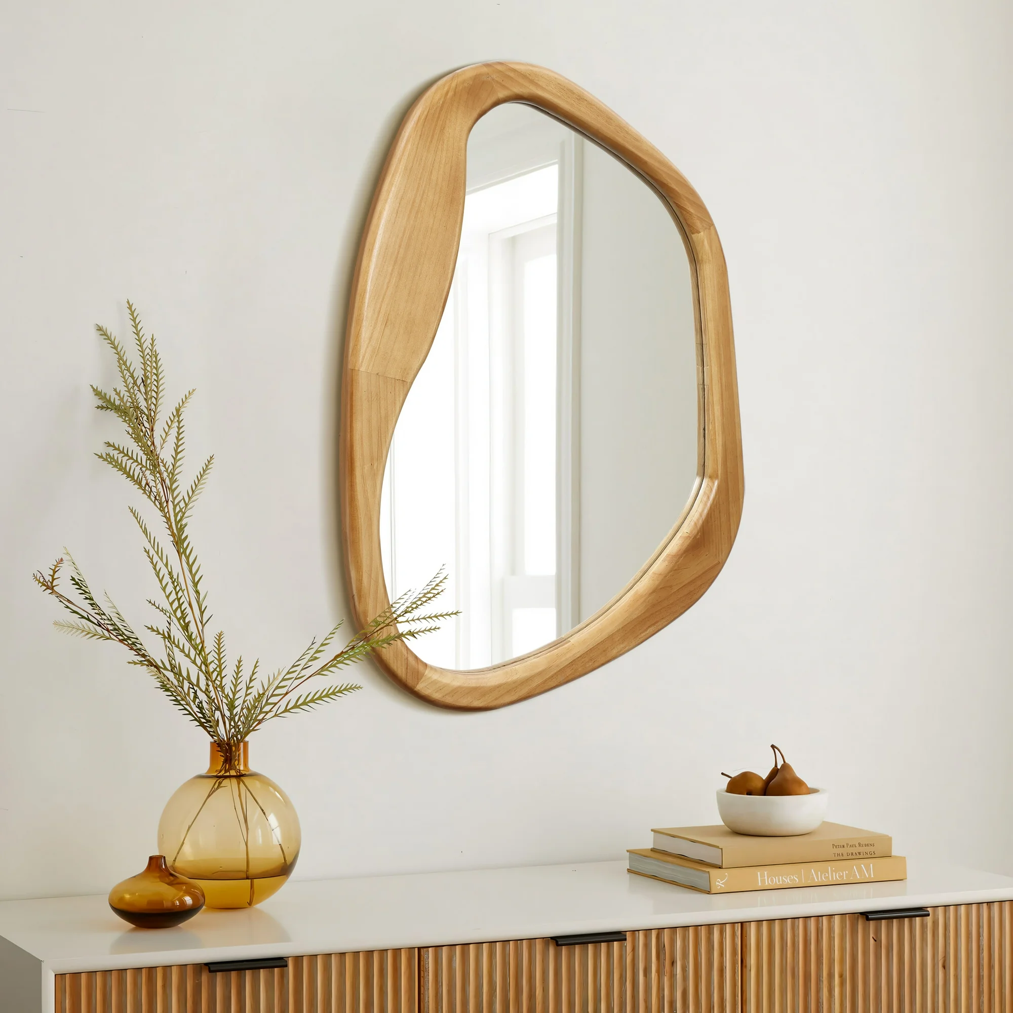 LuxenHome Natural Pine Wood Frame Irregular Oblong Wall Mirror