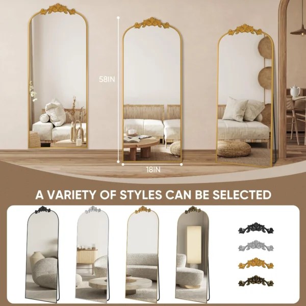 58"x18" Vintage Arched Full-Length Mirror with Carved Metal Frame, Baroque-Style Floor Mirror, Gold - Image 5