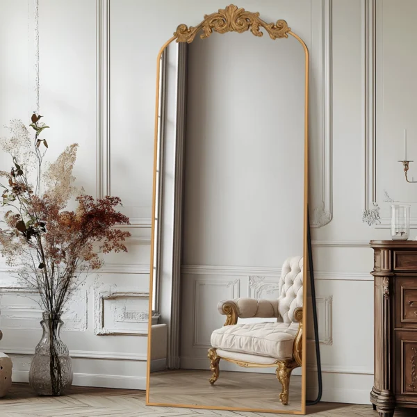 58"x18" Vintage Arched Full-Length Mirror with Carved Metal Frame, Baroque-Style Floor Mirror, Gold - Image 6